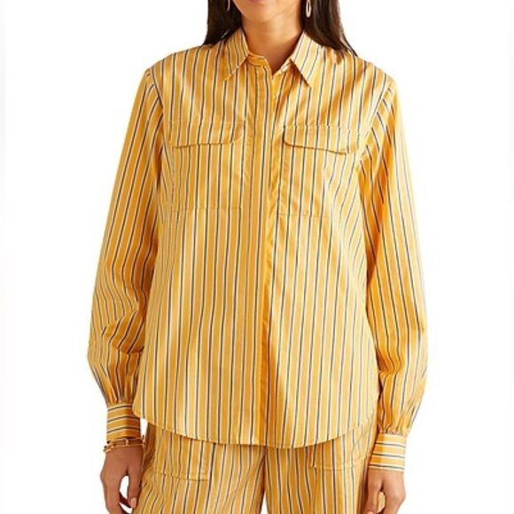 Matin Oversized Pleated Striped Shirt in Ochre | Size 8 - Picture 1 of 12